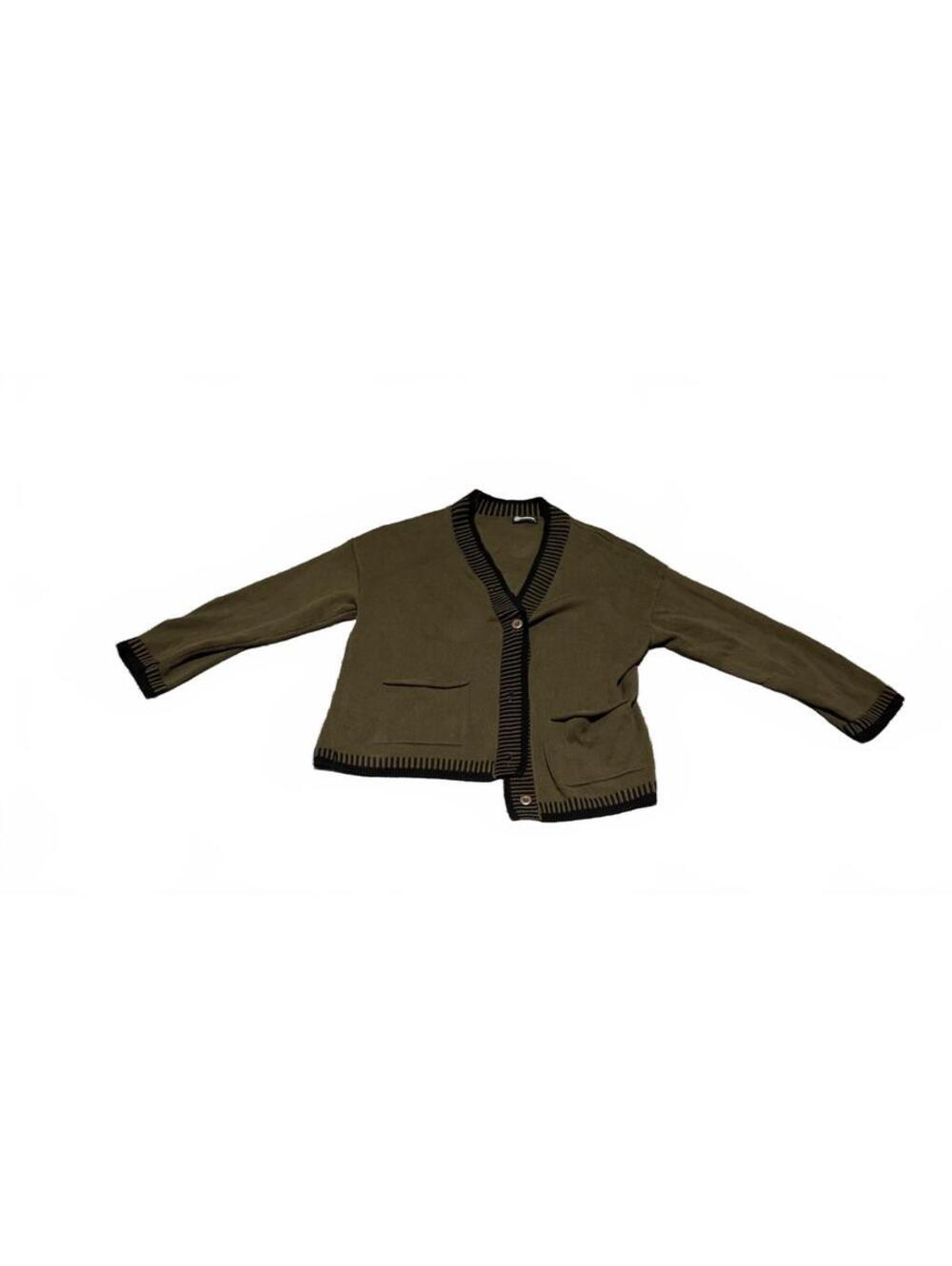 PrettyGarden Olive Green Cardigan with Black Trim, Size Large